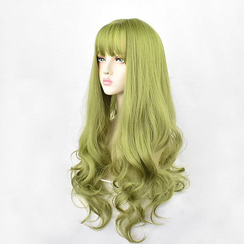 

24inch Synthetic Green Black Hair Curly Big Wave Cosplay Wigs With Bangs for Women African American Heat Resistant Fiber Hair