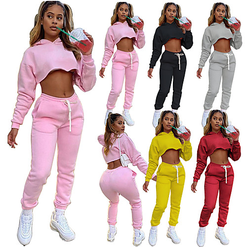 

Women's 2 Piece Cropped Tracksuit Jogging Suit Street Casual 2pcs Winter Long Sleeve Thermal Warm Windproof Soft Fitness Gym Workout Running Jogging Training Sportswear Solid Colored Normal Hoodie