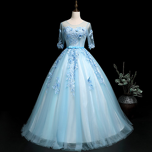 

Ball Gown Elegant Floral Quinceanera Prom Dress Illusion Neck Half Sleeve Floor Length Tulle with Sash / Ribbon Pleats Appliques 2021