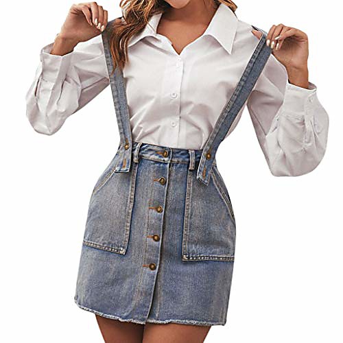 

mini denim skirts overalls for women, button bib shorts trendy jeans dresses xmas gifts for her (blue, xs)