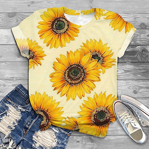 

Women's Plus Size Print Graphic Floral Sunflower T shirt Large Size Round Neck Short Sleeve Tops XL XXL 3XL Yellow Big Size