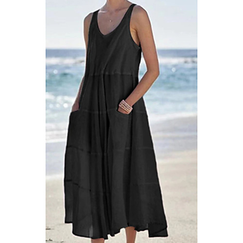 

Women's A Line Dress Midi Dress Black Brown Sleeveless Solid Color Pocket Patchwork Fall Summer Round Neck Elegant Casual 2021 S M L XL XXL 3XL 4XL