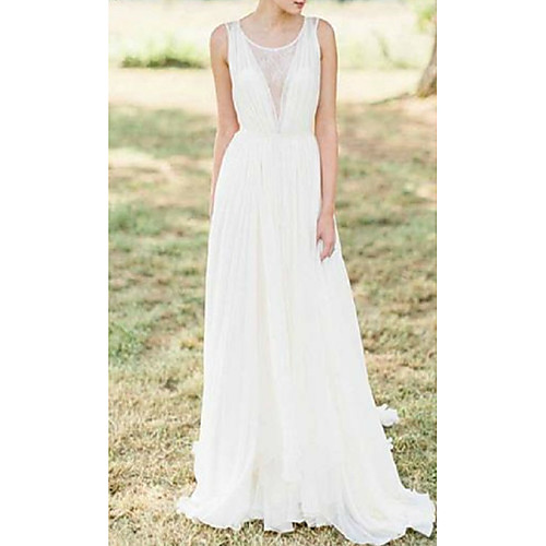 

A-Line Wedding Dresses Jewel Neck Sweep / Brush Train Chiffon Lace Sleeveless Romantic Beach with Appliques 2021
