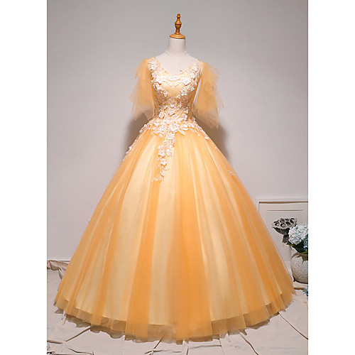 

Princess Ball Gown Wedding Dresses Jewel Neck Floor Length Lace Tulle Short Sleeve Formal Romantic with Appliques 2021