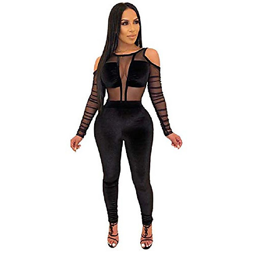 

soluo women sexy mesh jumpsuits see through long sleeve bodycon catsuit long pant rompers clubwear (black,medium)