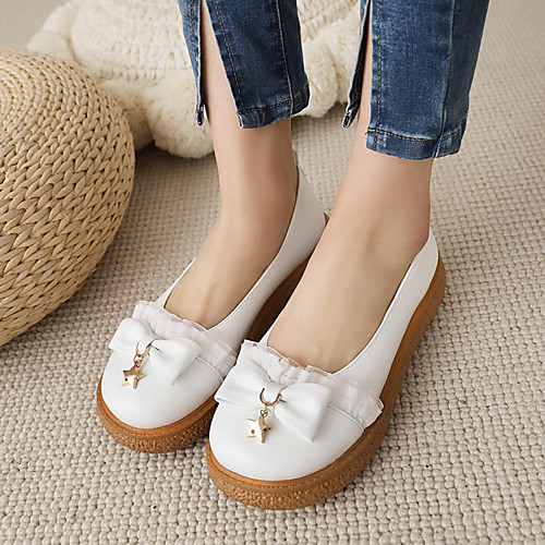 

Women's Lolita Shoes Flat Heel Round Toe PU Bowknot Lace Solid Colored White Black Pink