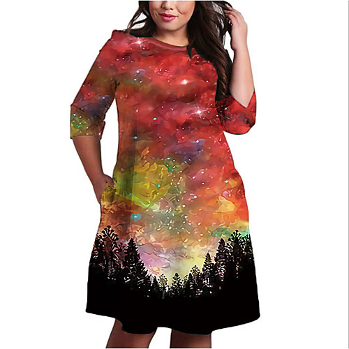 

Women's Plus Size Dresses Shift Dress Knee Length Dress 3/4 Length Sleeve Print Color Block Print Casual Fall Red XL XXL 3XL 4XL 5XL / Holiday