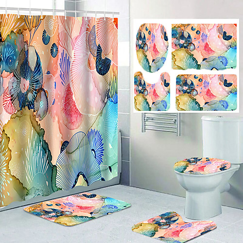 

Geometric Pattern Flower Print Bathroom Shower Curtain Leisure Toilet Four-piece Design
