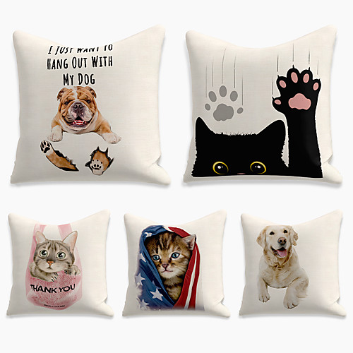 

Cushion Cover 5PCS Linen Soft Decorative Square Throw Pillow Cover Cushion Case Pillowcase for Sofa Bedroom 45 x 45 cm (18 x 18 Inch) Superior Quality Mashine Washable Cat Dog Animal