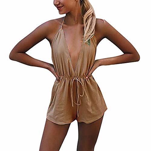 

sexy summer rompers for women,poto womens spaghetti strap v-neck halter short jumpsuits elastic waist romper playsuit yellow