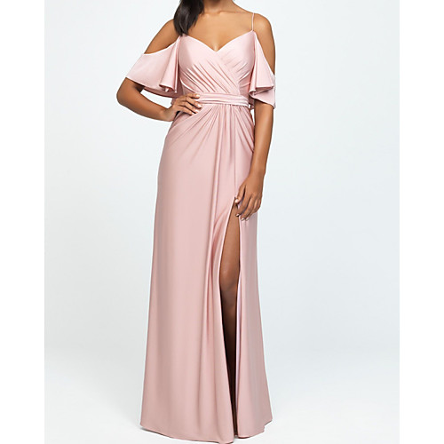 

A-Line V Neck Floor Length Charmeuse Bridesmaid Dress with Pleats