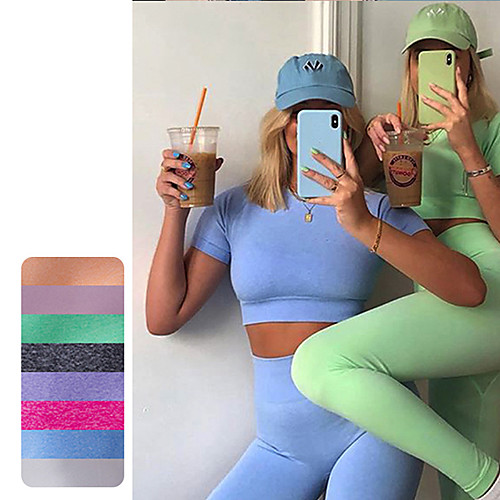 

Women's 2pcs Yoga Suit Solid Color rice white Purple Light Green Nylon Yoga Fitness Running Tights Crop Top Clothing Suit Short Sleeve Sport Activewear Tummy Control Butt Lift Breathable Quick Dry