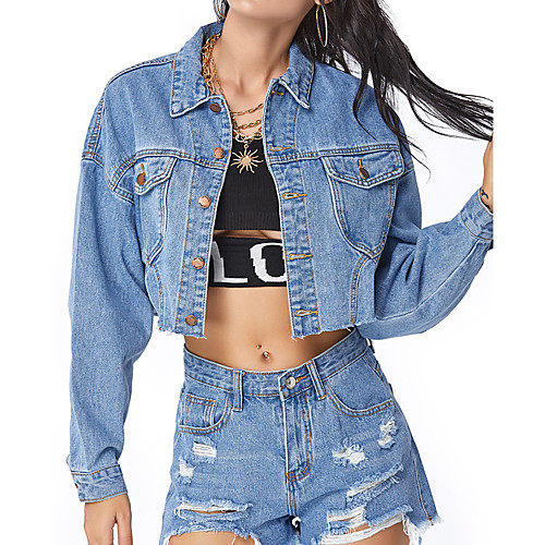 

Women's Solid Colored Patchwork Active Spring & Fall Jacket Short Going out Long Sleeve Denim Coat Tops Blue