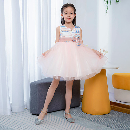 

Princess / Ball Gown Knee Length Wedding / Holiday Flower Girl Dresses - Tulle Sleeveless Jewel Neck with Bow(s) / Paillette