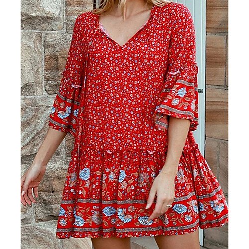 

Women's A Line Dress Short Mini Dress Red Green Half Sleeve Floral Lace up Ruffle Summer V Neck Sexy Cotton 2021 S M L XL