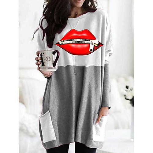 

Women's T shirt Graphic Lips Long Sleeve Pocket Round Neck Tops Basic Basic Top Black Orange Khaki
