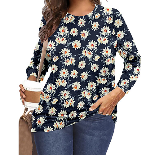 

Women's Plus Size Print Graphic Floral Daisy T shirt Large Size Crewneck Long Sleeve Tops XL XXL 3XL Black Yellow Big Size