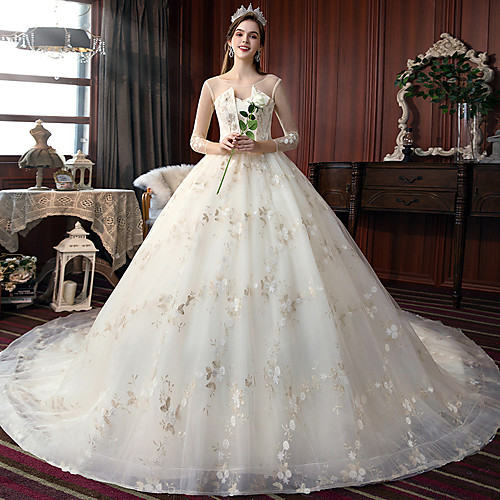 

Princess Ball Gown Wedding Dresses Jewel Neck Court Train Lace Tulle 3/4 Length Sleeve Formal Romantic Luxurious Sparkle & Shine with Beading Sequin Appliques 2021