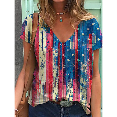 

Women's T shirt Flag Print V Neck Tops Cotton Basic Basic Top Rainbow