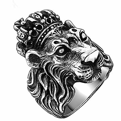 

men's cool stainless steel band lion king ring vintage gothic lion head with crown biker rings animal totem silver size 7