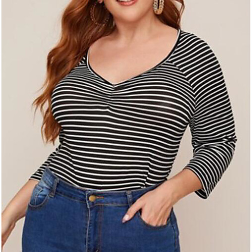 

Women's Plus Size Print Striped Blouse Large Size V Neck 3/4 Length Sleeve Streetwear Tops L XL XXL Black Big Size