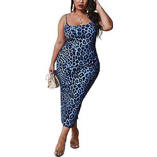 

sexy blue leopard plus size club dress for women spaghetti strap bodycon sleevless midi club night out party dresses 2x