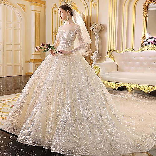 

Princess Ball Gown Wedding Dresses Jewel Neck Court Train Lace Tulle Sequined Long Sleeve Formal Romantic Luxurious Sparkle & Shine with Pleats Sequin 2021