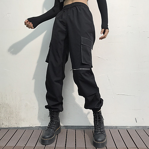 

Women's Vintage Hip-Hop Comfort Casual Weekend Chinos Pants Plain Full Length Cut Out Pocket Black