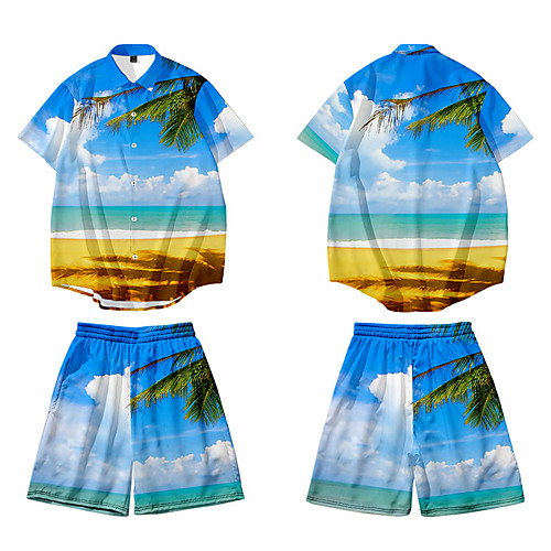 

Men's Shirt 3D Print Graphic 3D Button-Down 3D Print Short Sleeve Casual Tops Casual Hawaiian Blue