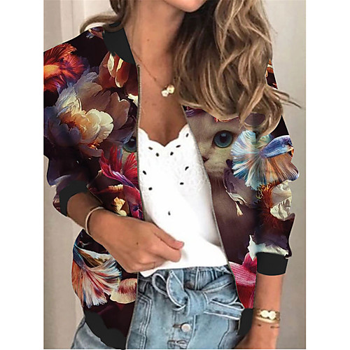 

Women's Plants Print Active Spring & Fall Jacket Regular Daily Long Sleeve Air Layer Fabric Coat Tops Blue