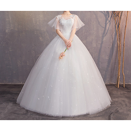 

Princess Ball Gown Wedding Dresses Jewel Neck Floor Length Lace Tulle Sleeveless Country Vintage Luxurious Illusion Sleeve with Appliques 2021