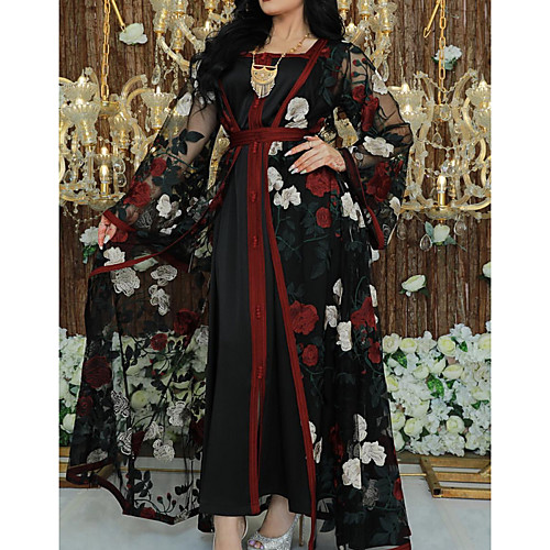 

Women's Kaftan Dress Maxi long Dress Black Long Sleeve Print Solid Color Patchwork Summer Square Neck Casual 2021 S M L XL