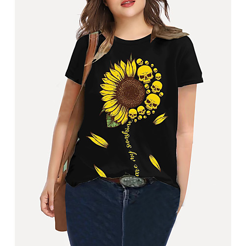 

Women's Plus Size Print Graphic Floral Skull T shirt Large Size Crewneck Short Sleeve Basic Tops XL XXL 3XL Black Big Size