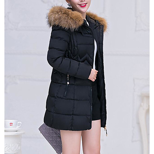 

Women's Solid Colored Fur Trim Active Winter Puffer Jacket Regular Work Long Sleeve Cotton Blend Coat Tops Black