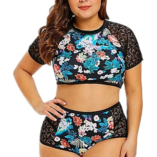 

Women's Plus Size Padded Fashion Sexy New Bikini 2 Piece Swimsuit Tummy Control Push Up Floral Print Jewel Neck Swimwear Bathing Suits Blue