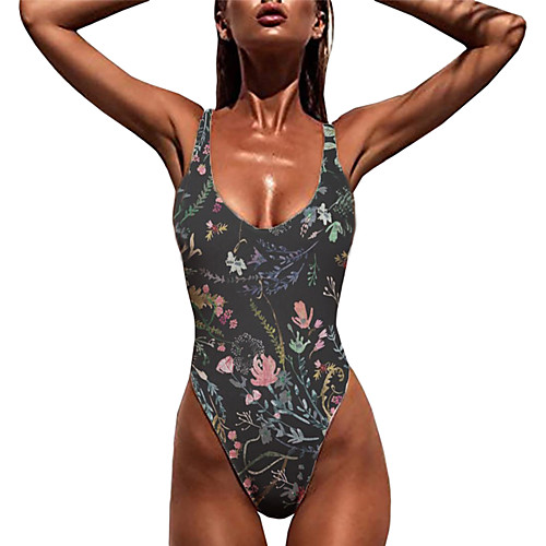 

Women's One Piece Monokini Swimsuit Print Floral 3D Brown Swimwear Bodysuit Strap Bathing Suits New Sexy