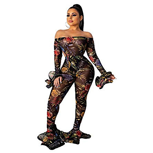 

women sexy floral 2 piece outfits jumpsuits mesh see through off shoulder long flare sleeve bodysuit long pants set floral large