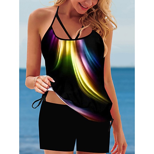 

Women's Tankini with Shorts / Top 2 Piece Swimsuit Open Back Print Cross Tie Dye Black Rainbow Swimwear Camisole Padded Bathing Suits New Vacation Sexy