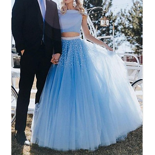 

Two Piece Elegant Vintage Engagement Prom Dress Jewel Neck Sleeveless Sweep / Brush Train Tulle with Pleats Crystals 2021