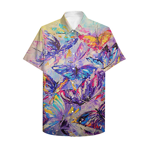 

Men's Shirt 3D Print Butterfly Graphic Prints Button-Down Print Short Sleeve Daily Tops Casual Hawaiian Purple