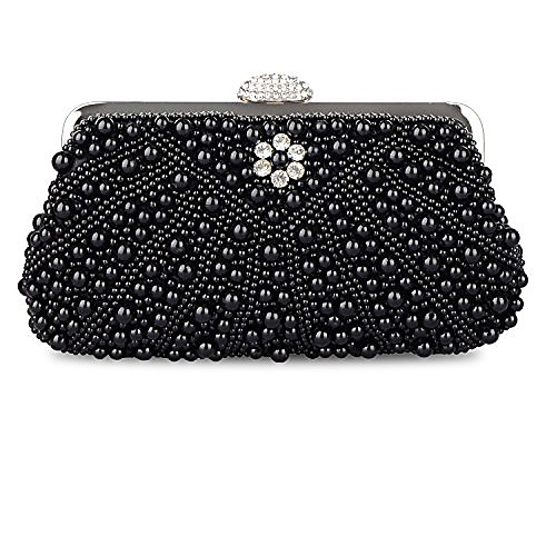 

women's evening bag pearl crystal bag shell handbag fit wedding party beautiful luxury purses (new black)