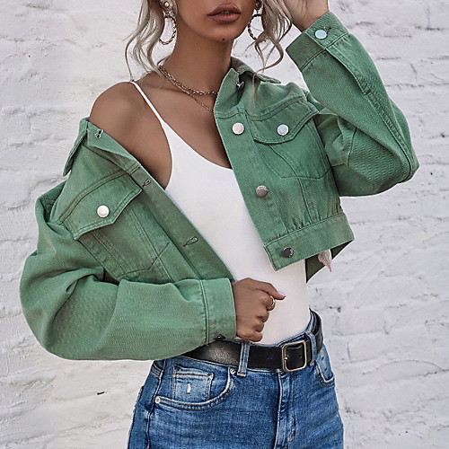 

Women's Solid Colored Fall & Winter Denim Jacket Short Daily Long Sleeve Denim Coat Tops Green