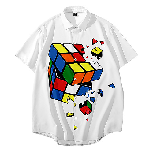 

Men's Shirt 3D Print Rubik's Cube Button-Down 3D Print Short Sleeve Casual Tops Casual Fashion Breathable Comfortable White