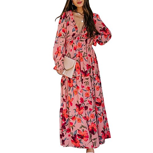 

Women's Chiffon Dress Maxi long Dress Blushing Pink Long Sleeve Floral Ruched Spring Casual 2021 S M L XL XXL 3XL