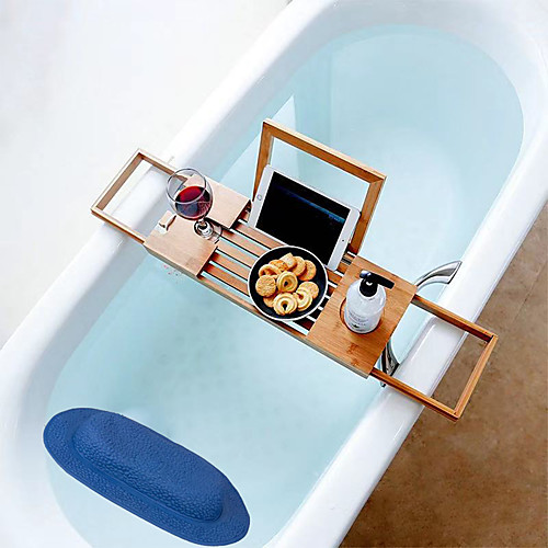 

Bamboo Bath Tray with Bathtub Pillow, Bath Tub Frame Telescopic Non-slip Multifunctional Bath Mobile Phone Shelf Shelving Board Bath Tub Shelving TPE Bathtub Pillow, White or Blue Color