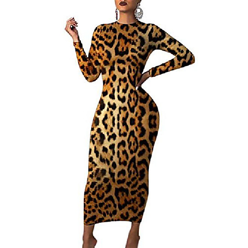 

sexy crewneck plus size animal print slim long sleeve maxi sheath dress for women brown m
