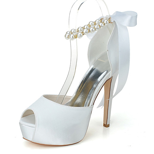 

Women's Wedding Shoes Stiletto Heel Peep Toe Wedding Sandals Satin Pearl Ribbon Tie Solid Colored White Black Purple