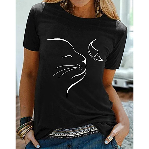 

Women's T shirt Cat Graphic Print Round Neck Tops 100% Cotton Basic Basic Top White Black