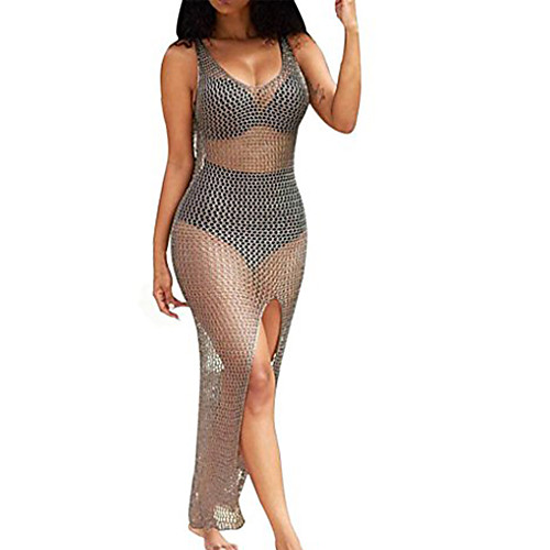 

women crochet hollow out beach bikini cover up swimsuit bathing swimwear dress (xl) khaki