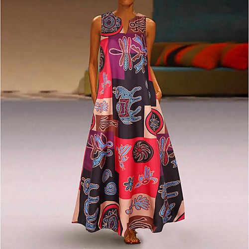 

Women's Swing Dress Maxi long Dress Red Orange Sleeveless Print Print Summer V Neck Elegant Sexy 2021 S M L XL XXL 3XL 4XL 5XL